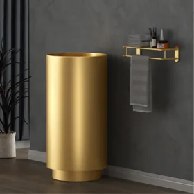 כיור פריסטנד עומד נירוסטה קוטר 38 ס"מ בגוון זהב מט + ונטיל וסיפון תואם