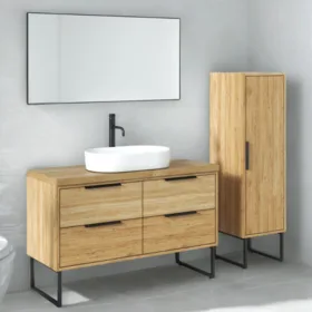 ארון אמבטיה עומד יוקרתי עץ רובי משטח בוצ'ר או קוריאן לבן- גוון עץ לבחירה