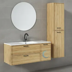 ארון אמבטיה תלוי יוקרתי עץ רנה משטח חרס אינטגרלי שקוע