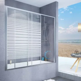 אמבטיון חזית הזזה 4 מ"מ פרופיל ניקל מבריק - 2 דלתות ודופן קבועה על מסילה 