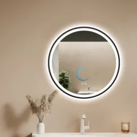 מראה עגולה עם תאורת לד מסגרת אלומיניום שחור מט קוטר 60 ס״מ- מפשיר אדים