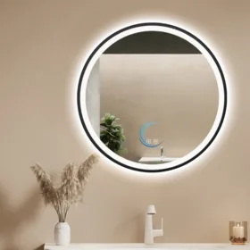 מראה עגולה עם תאורת לד מסגרת אלומיניום שחור מט קוטר 80 ס״מ- מפשיר אדים