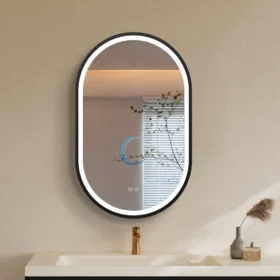 מראה אובלית עם תאורת לד מסגרת אלומיניום שחור מט במידה 50/80 ס״מ- מפשיר אדים