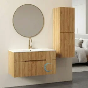 ארון אמבטיה תלוי יוקרתי עץ דור משטח חרס אינטגרלי שקוע- גוון עץ לבחירה