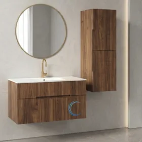 ארון אמבטיה תלוי יוקרתי עץ דור משטח חרס אינטגרלי שקוע- גוון עץ לבחירה