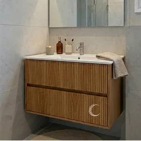 ארון אמבטיה תלוי יוקרתי עץ עלמה משטח חרס אינטגרלי שקוע- גוון עץ לבחירה