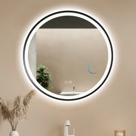 מראה עגולה קריסטל עם תאורת לד משתנה מסגרת אלומיניום גרפיט מט קוטר 80 ס״מ- מפשיר אדים
